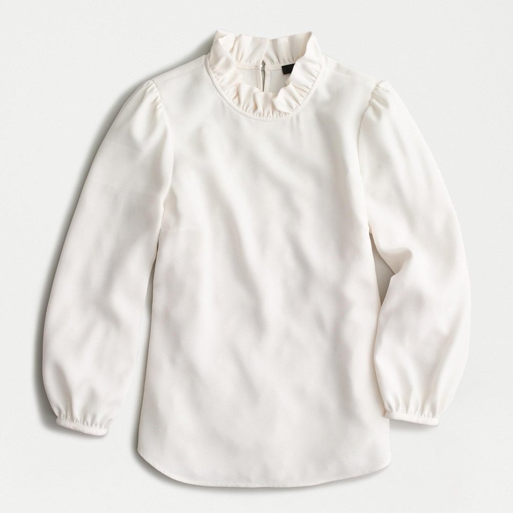 White Long-sleeve ruffle-neck top in 365 crepe J. Crew